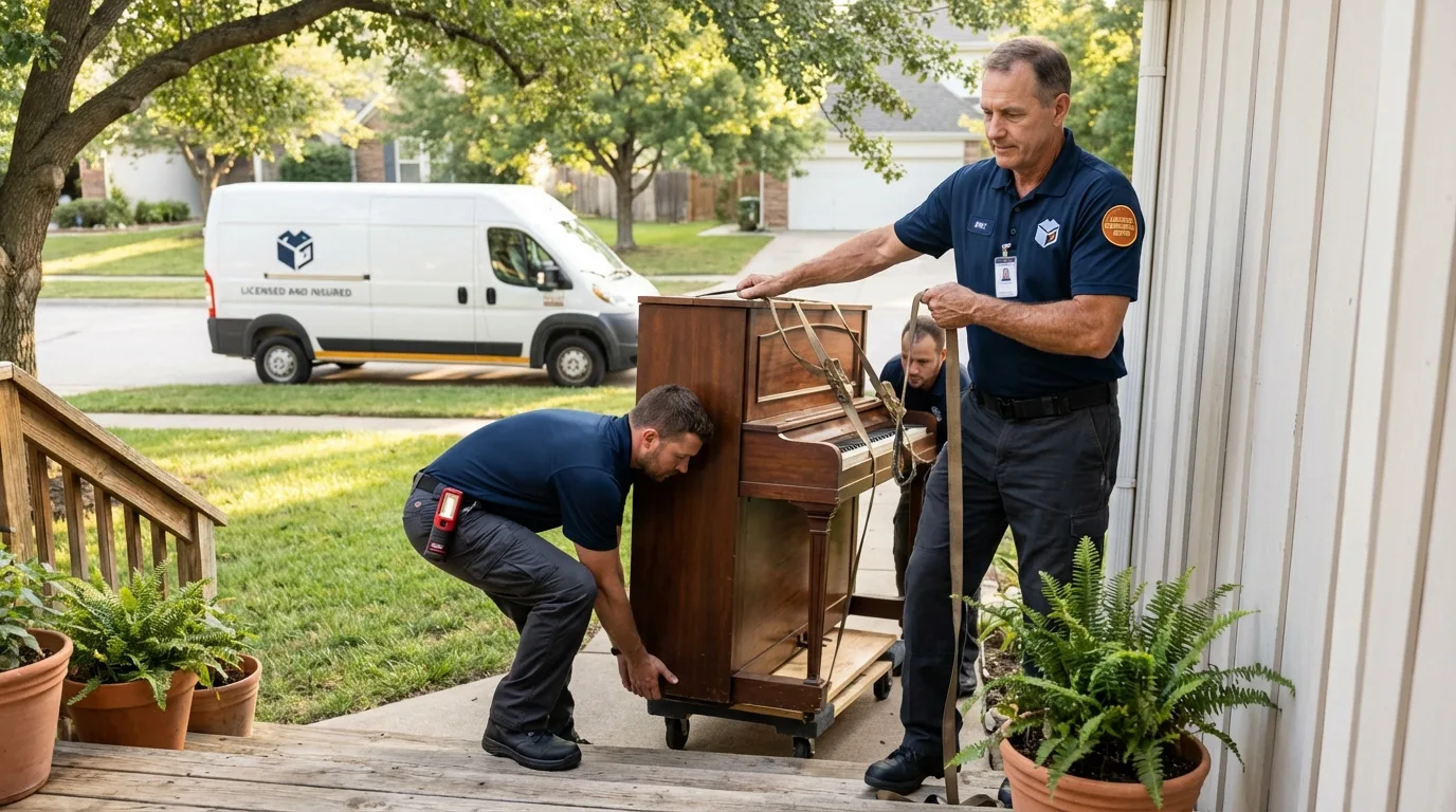 Licensed piano movers securing grand piano in Aurora, OH
