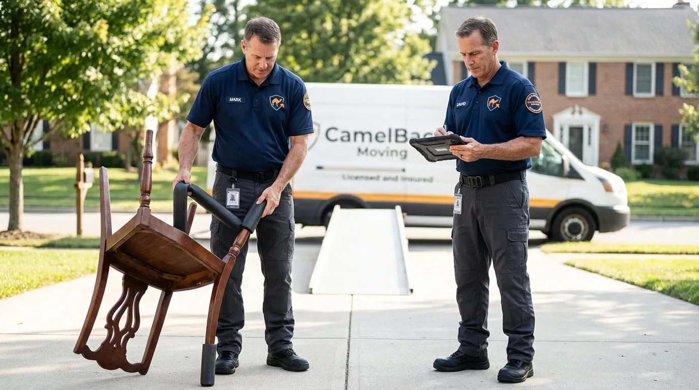 Movers inspecting furniture for damage prevention before loading in Aurora, OH